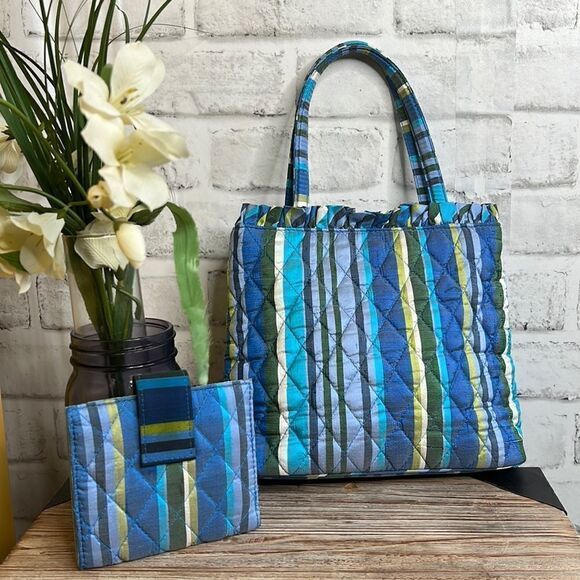 Vera Bradley Striped Silk Bag Tote Purse & Wallet Combo - Picture 1 of 6